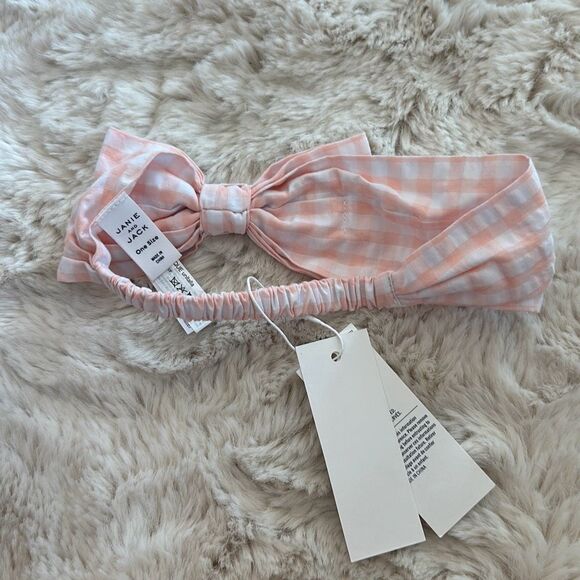 Janie & Jack Baby Gingham Seersucker Soft Bow Headband in Pink Gigham OS - Picture 3 of 3